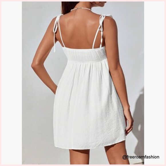 White Tie Shoulder Cami Dress Spaghetti Strap Backless Ruched Mini - Picture 2 of 7